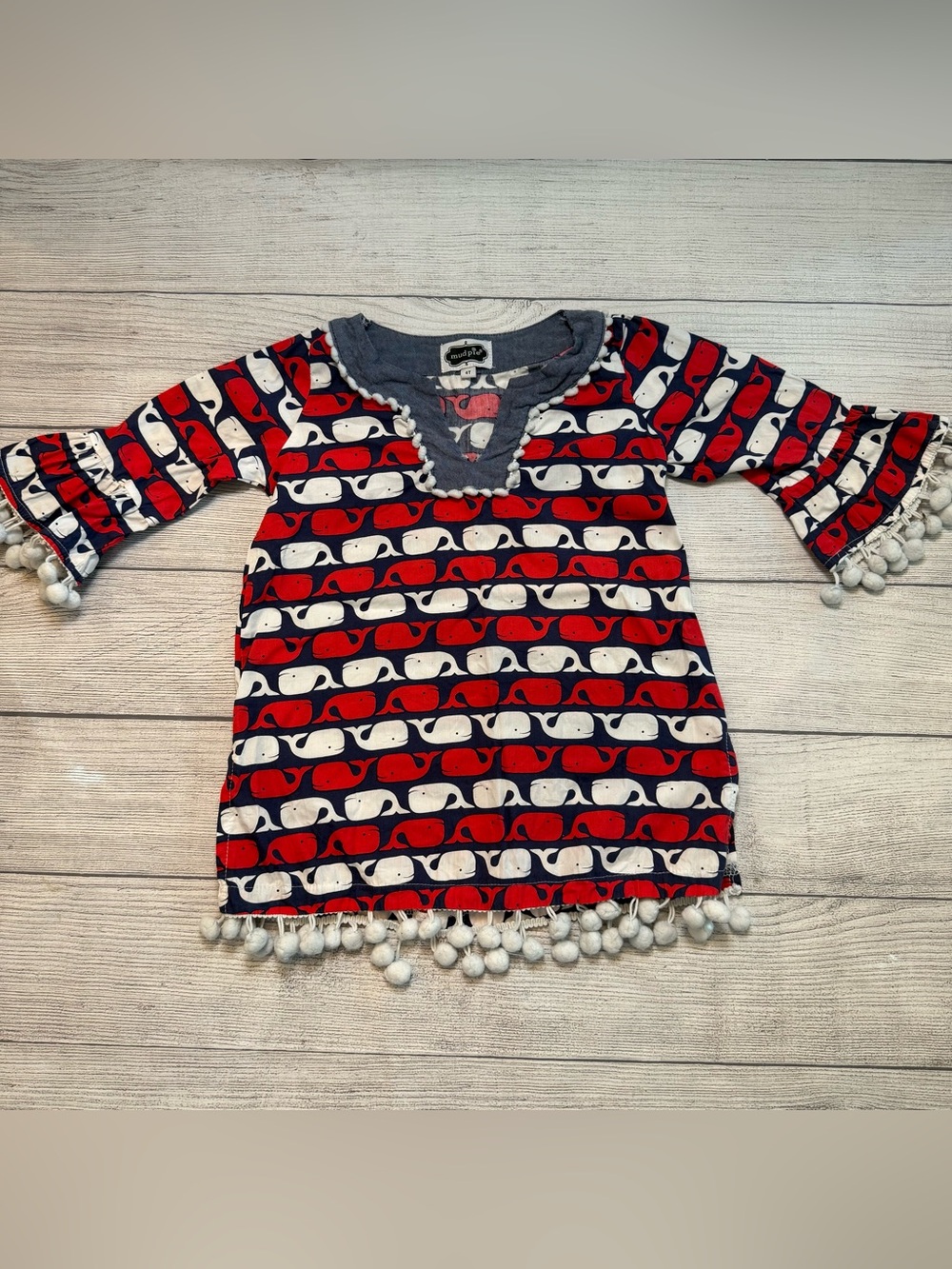 Mud Pie Kids Swim Coverup - Red, White, Navy Whale Print with Pom Trim